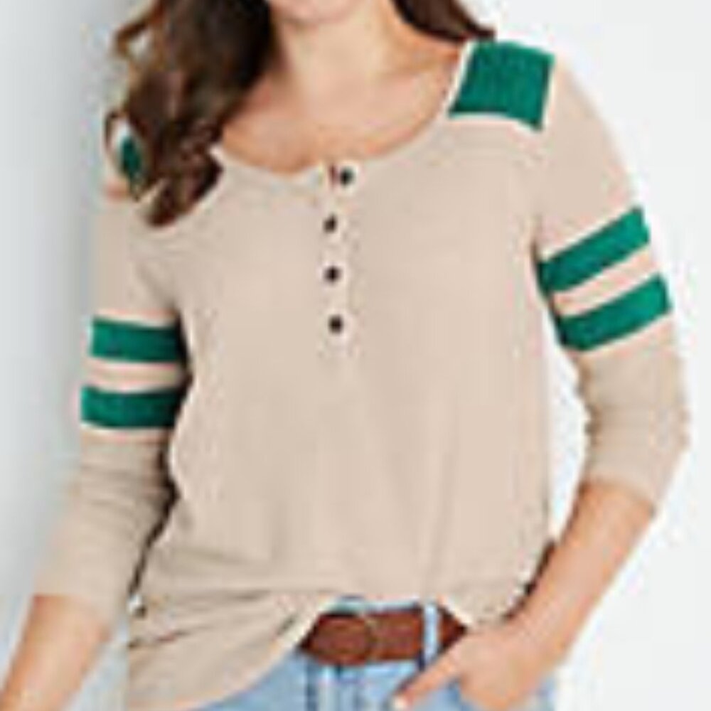 Cozy Tunic Henley Tee Green and Beige – XL